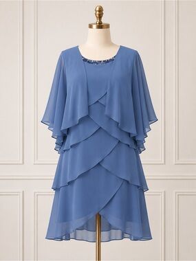 SL Fashions Tiered Chiffon Capelet Dress Wedgewood Sz 8P